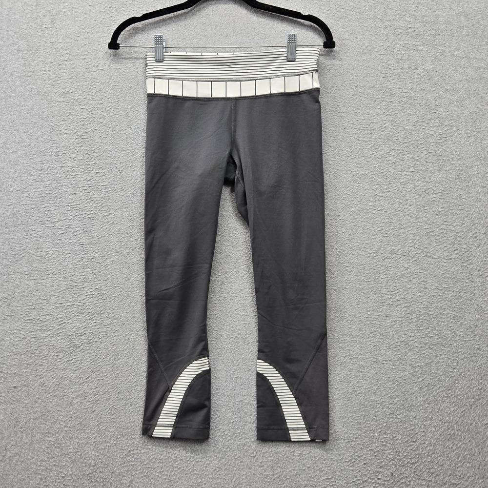 Lululemon Women Activewear Pants 4 Gray Striped Run Inspire Crop Legging Logo